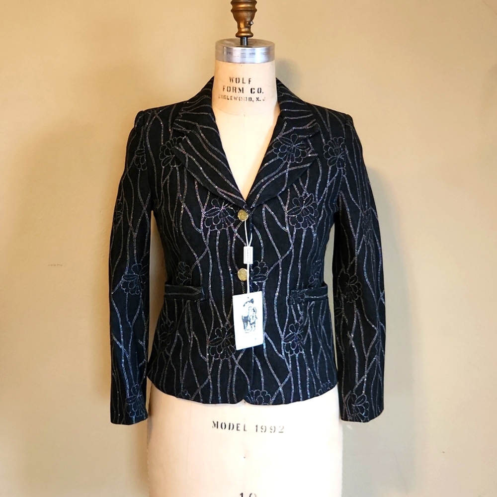 NWT Y2K 12 blazer Italy, charcoal black with iridescent glitter pattern, party